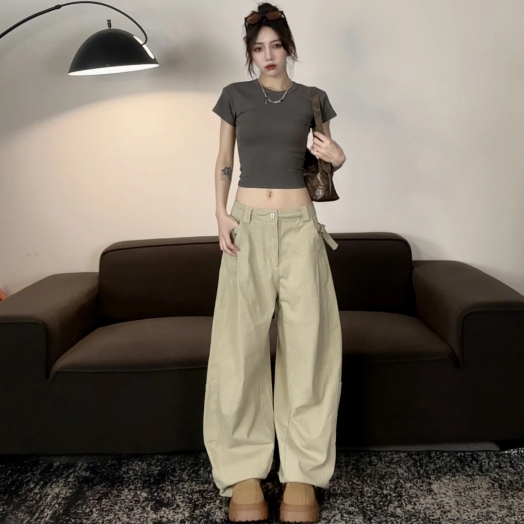 【夏日新款】复古纯色百搭休闲显瘦美式设计工装阔腿裤#N3316
