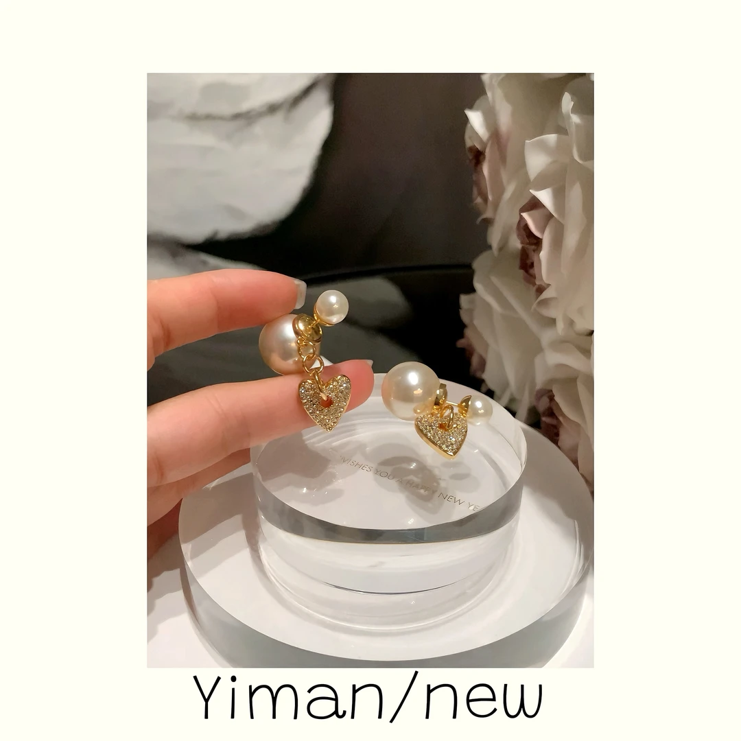 铜合金合成锆石耳饰 金色微镶爱心吊坠珠珠耳钉MZ3674