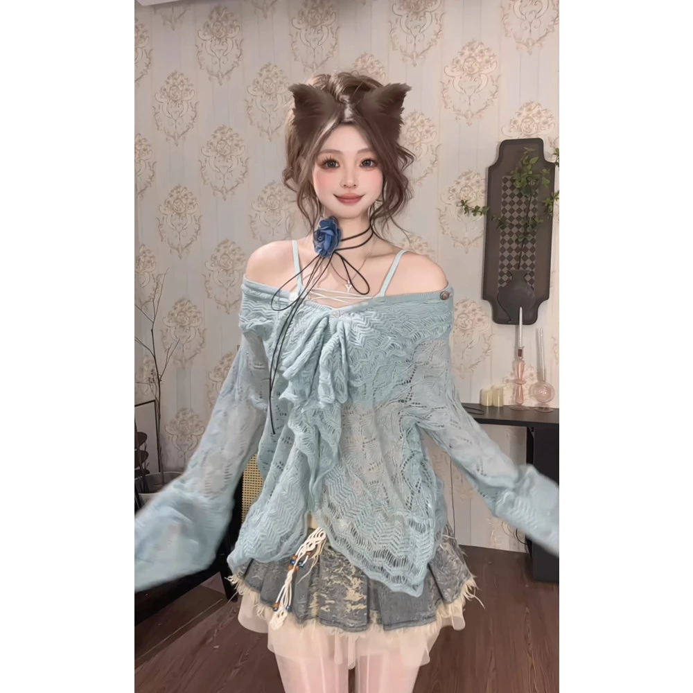 {池南春水}针织长袖春夏款女 设计感喇叭袖韩系 流光风