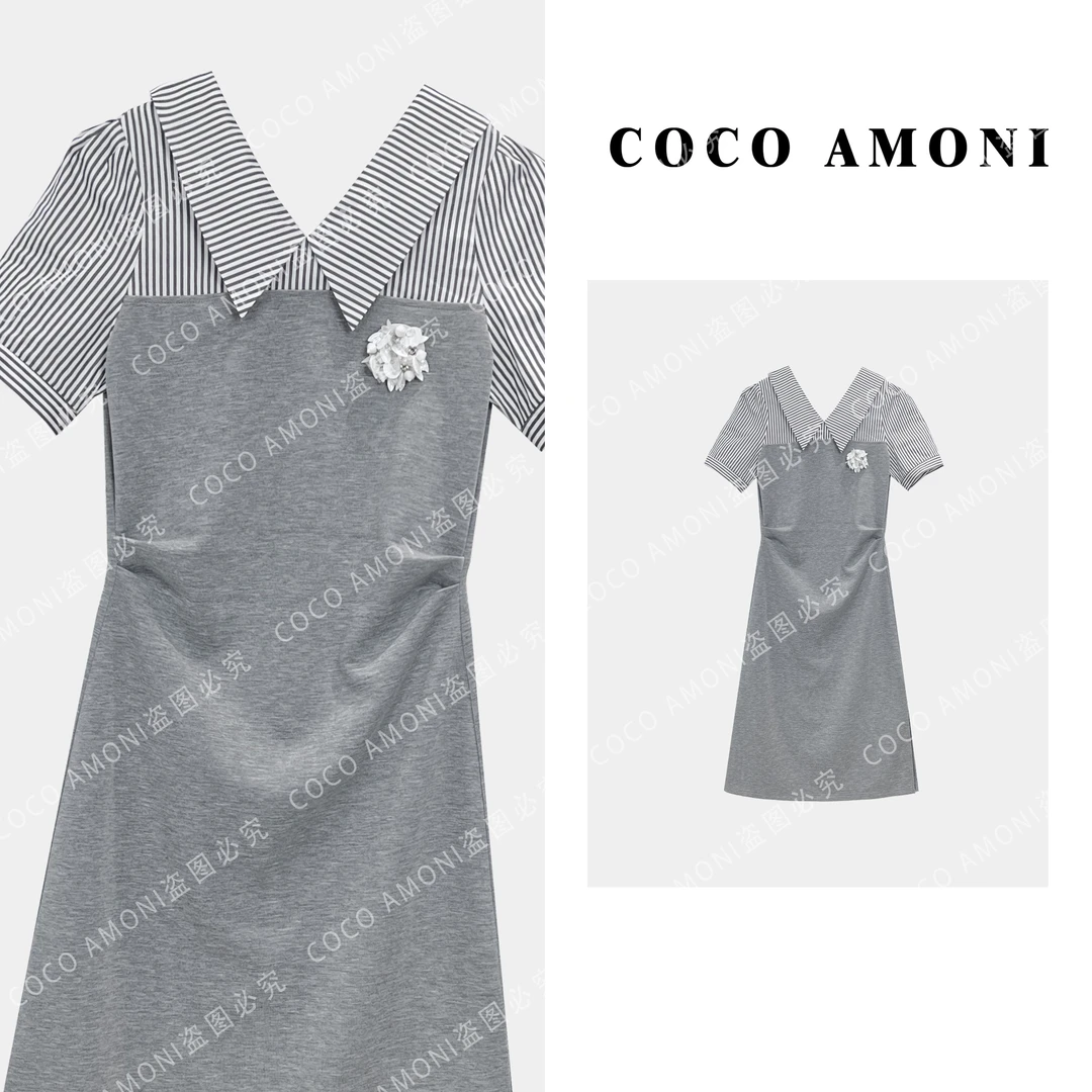 夏日V领设计假两件女装拼接烫砖花朵收腰显瘦气质连衣裙ZQ956