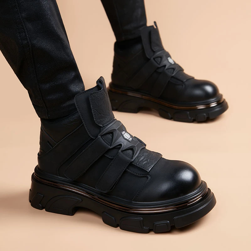 厚底增高休闲皮鞋男士青年圆头潮流中跟黑色百搭潮男大头鞋潮鞋