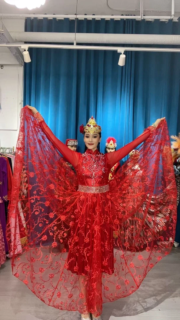 时尚民族服饰大红色蕾丝印花大摆裙气质高雅