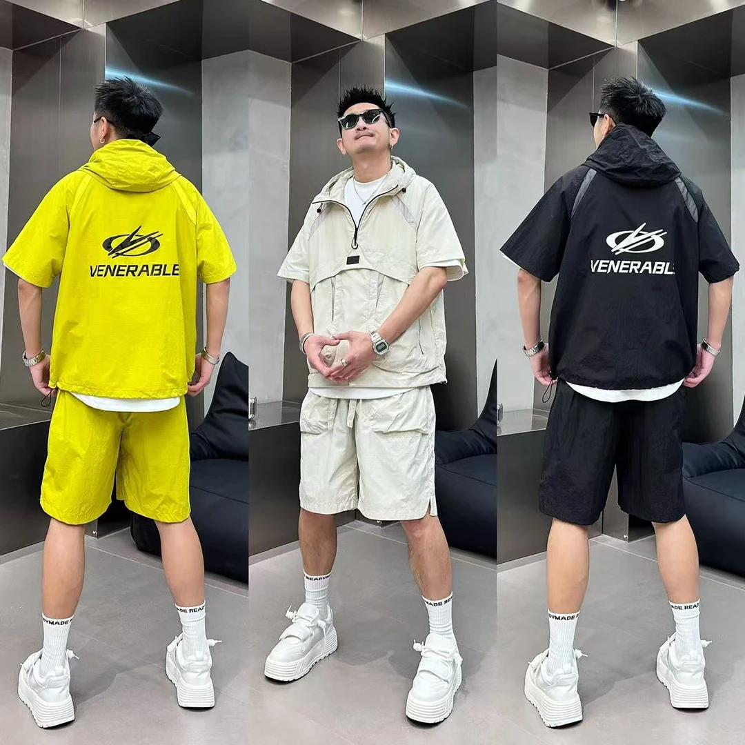 工装风日系简约纯色半拉链套头连帽时尚男士大口袋透气孔两件套装