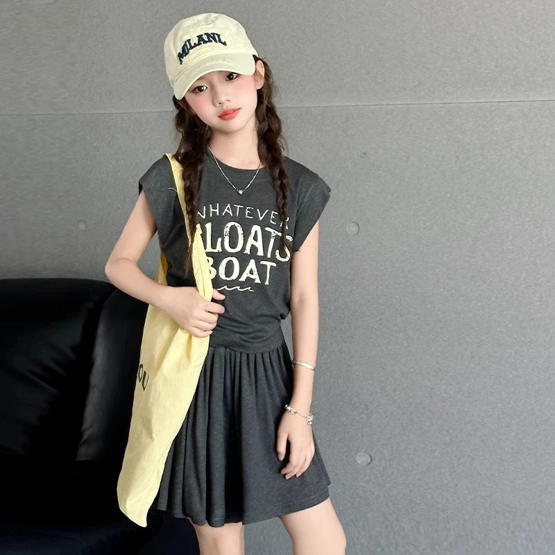 女童夏季套装2025新款儿童洋气时髦短袖T恤女大童半身裙两件套潮