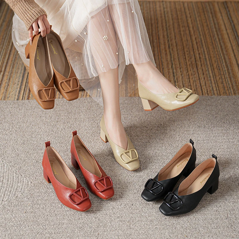 方头软皮工作鞋女鞋软底久站不累职业上班舒适高跟鞋粗跟鞋不掉跟