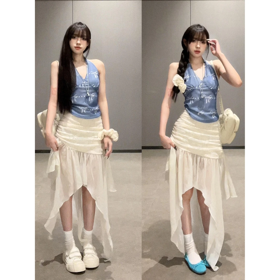 parkyeon辣妹穿搭蝴蝶结印花挂脖背心女设计感网纱不规则半身裙