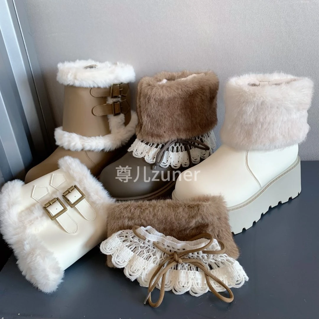 尊儿2025厚底费尔岛网红雪地靴加绒三穿款保暖加厚韩版时尚毛毛鞋