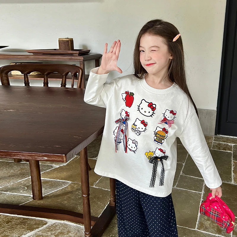 AINI女童Kitty九宫格印花蝴蝶结飘带长袖打底T恤