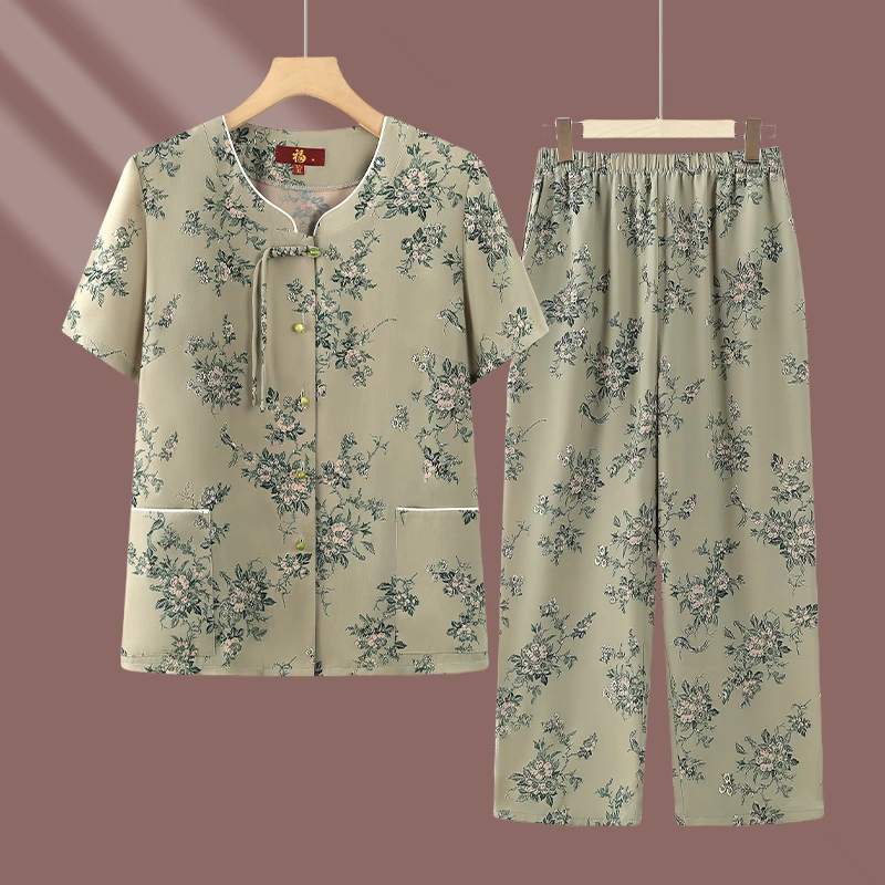奶奶装夏季两件套装中老年人女装衬衫妈妈洋气老太太衣服舒适套装