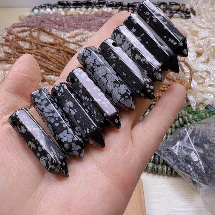 水晶珠宝半成品未镶嵌卡10×38雪花黑曜六角柱一根