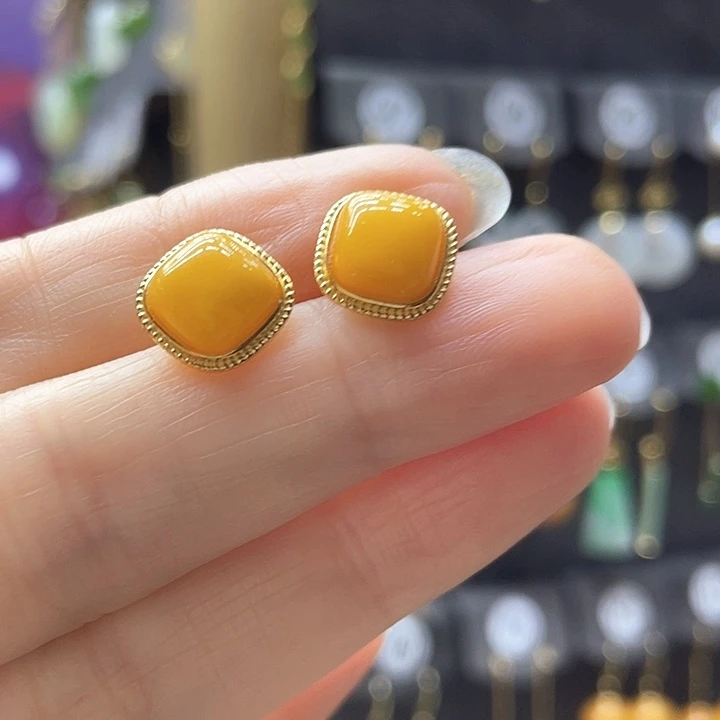银S925镀金镶嵌蜜蜡耳饰耳饰