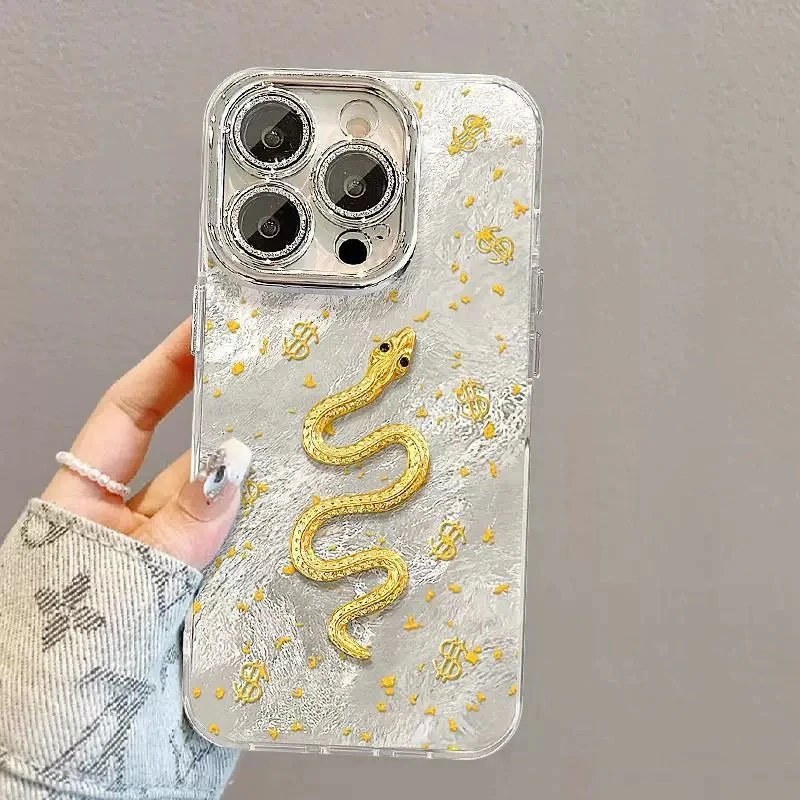 立体小金蛇适用苹果16华为/Oppo/vivo新年冰川纹招财手机壳