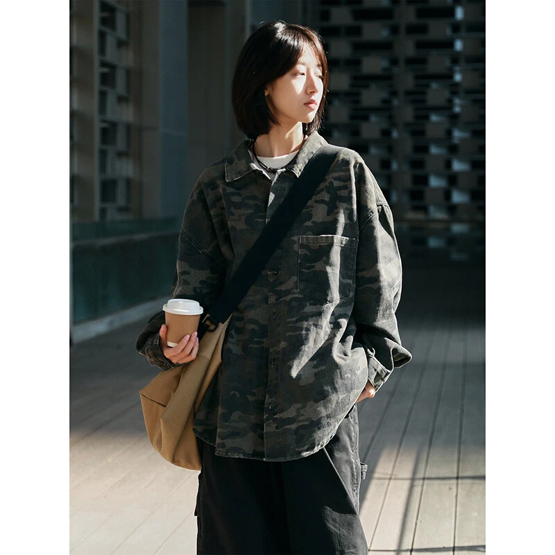 日系情侣春装cityboy迷彩牛仔衬衫男款美式复古工装长袖衬衣外套