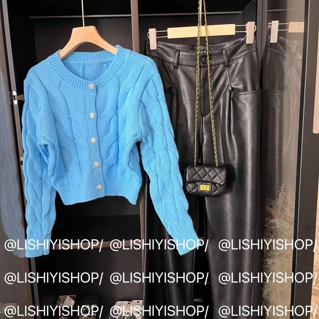 【糖果毛衣】小香风圆领排扣糖果色麻花毛衣8091