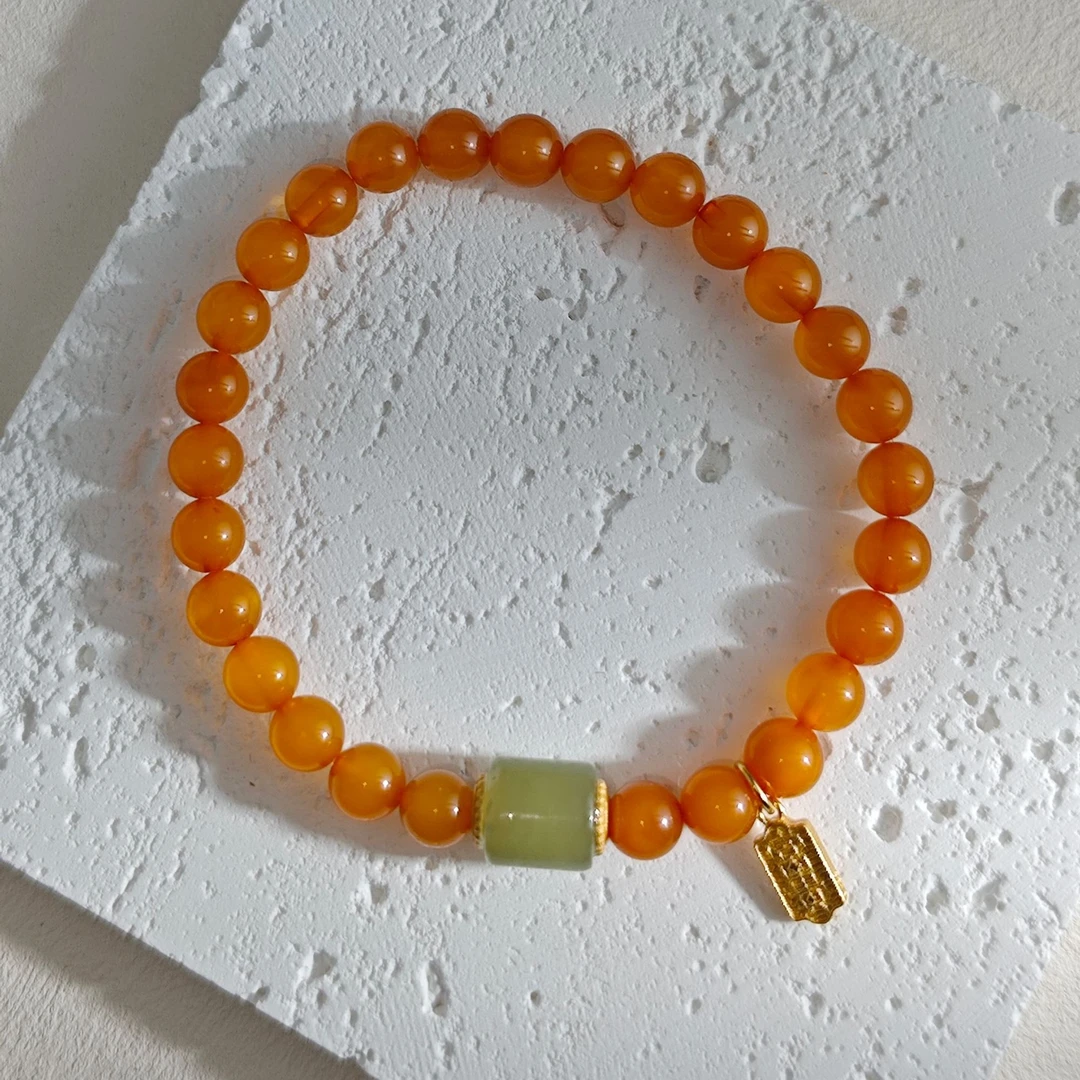 老蜜和田黄口料小桶珠手串