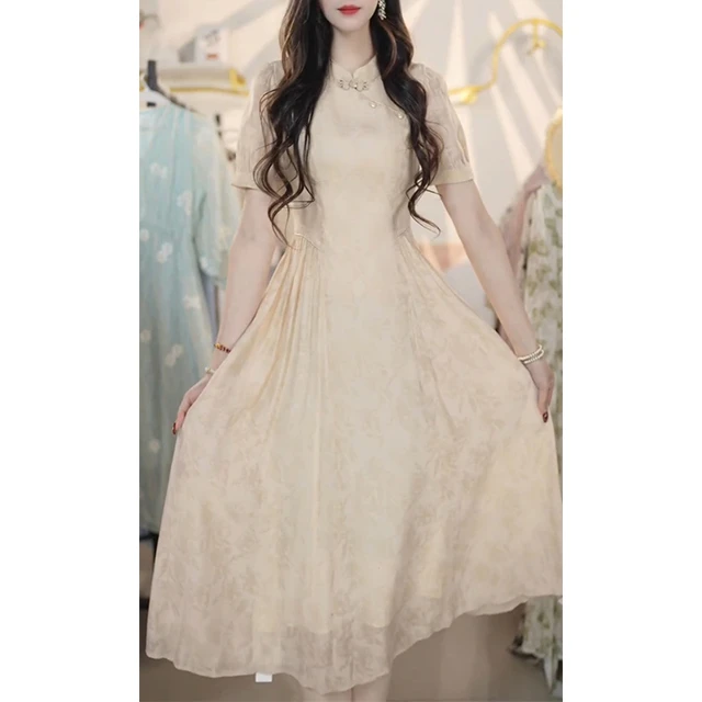 L7270女夏收腰印花2025年新款大码法式短袖优雅复古中式长款裙子