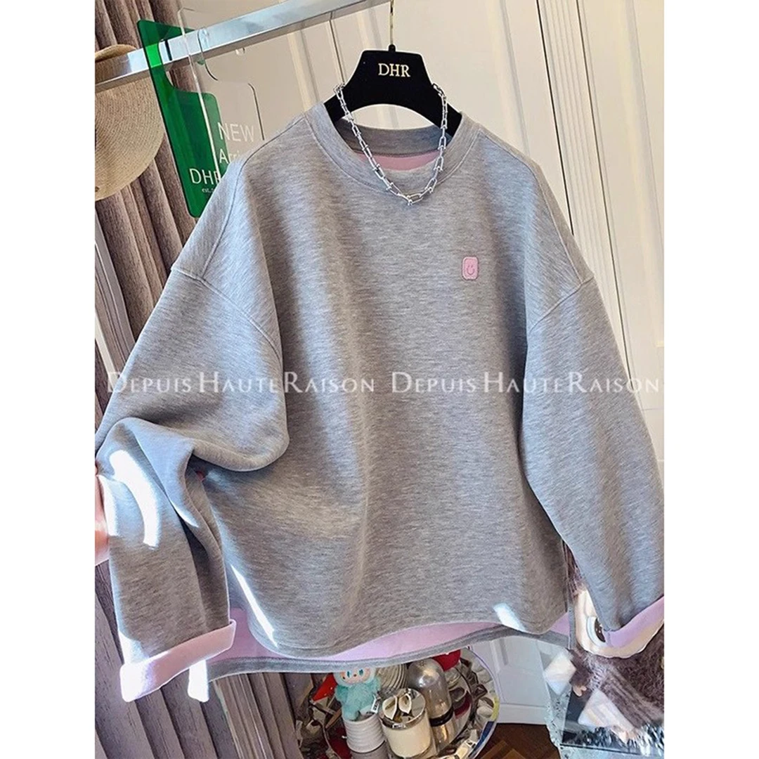 大码2-300斤软糯撞色刺绣圆领卫衣秋冬季韩版小众百搭宽松上衣女