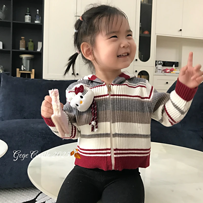 韩版童装2025新款秋季女童条纹毛衣开衫儿童堆堆袜打底裤两件套潮