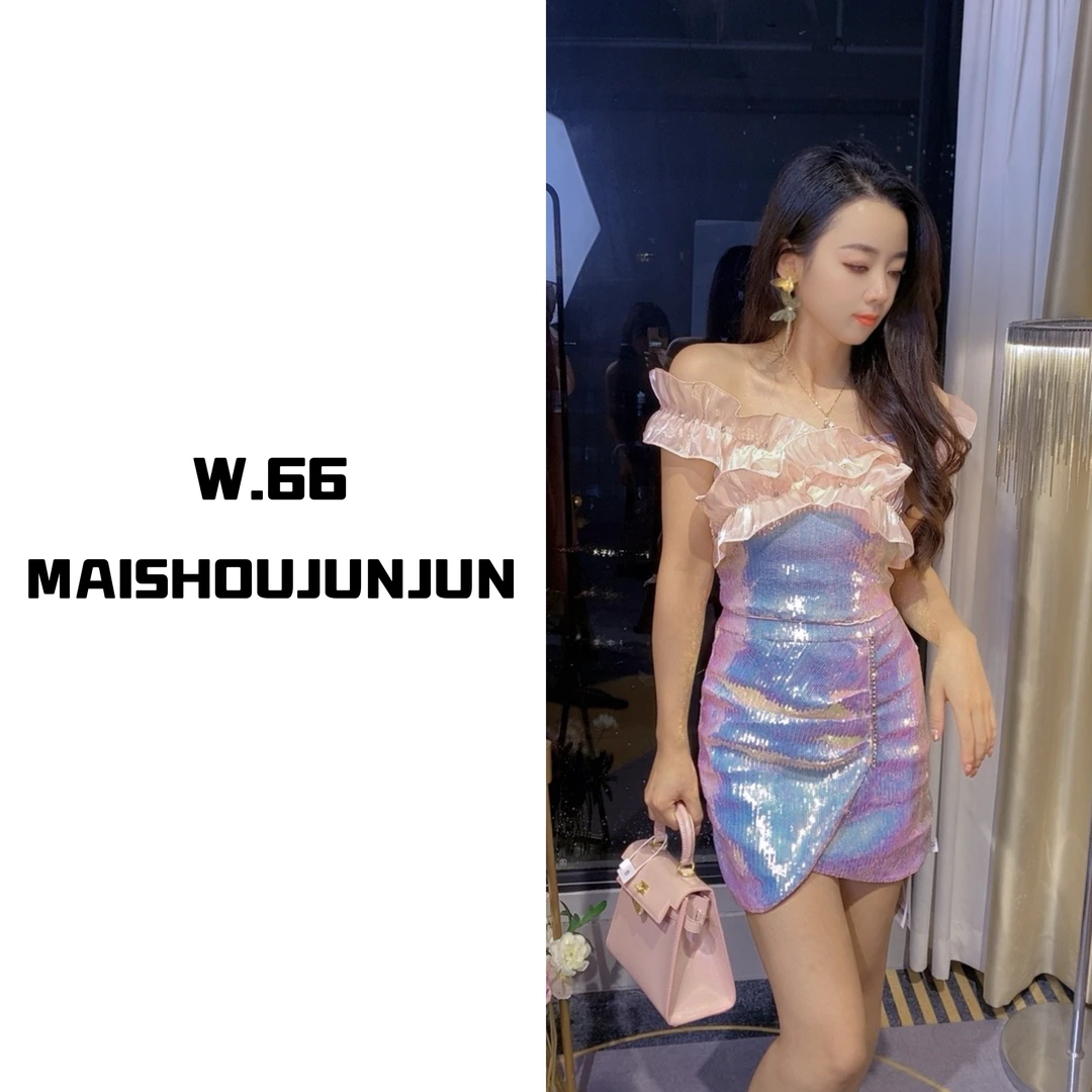 新款原创设计师款显瘦钻石荷叶边亮闪包臀套装90908