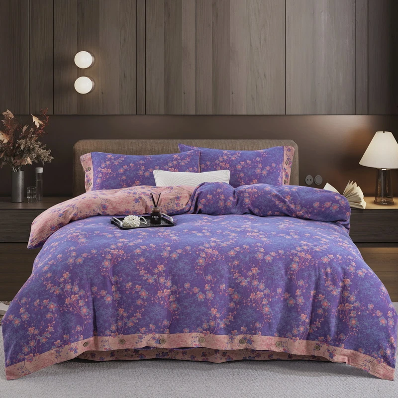 【织梦-多色】全棉双层纱被套四件套亲肤透气柔软紫色碎花中式文艺A