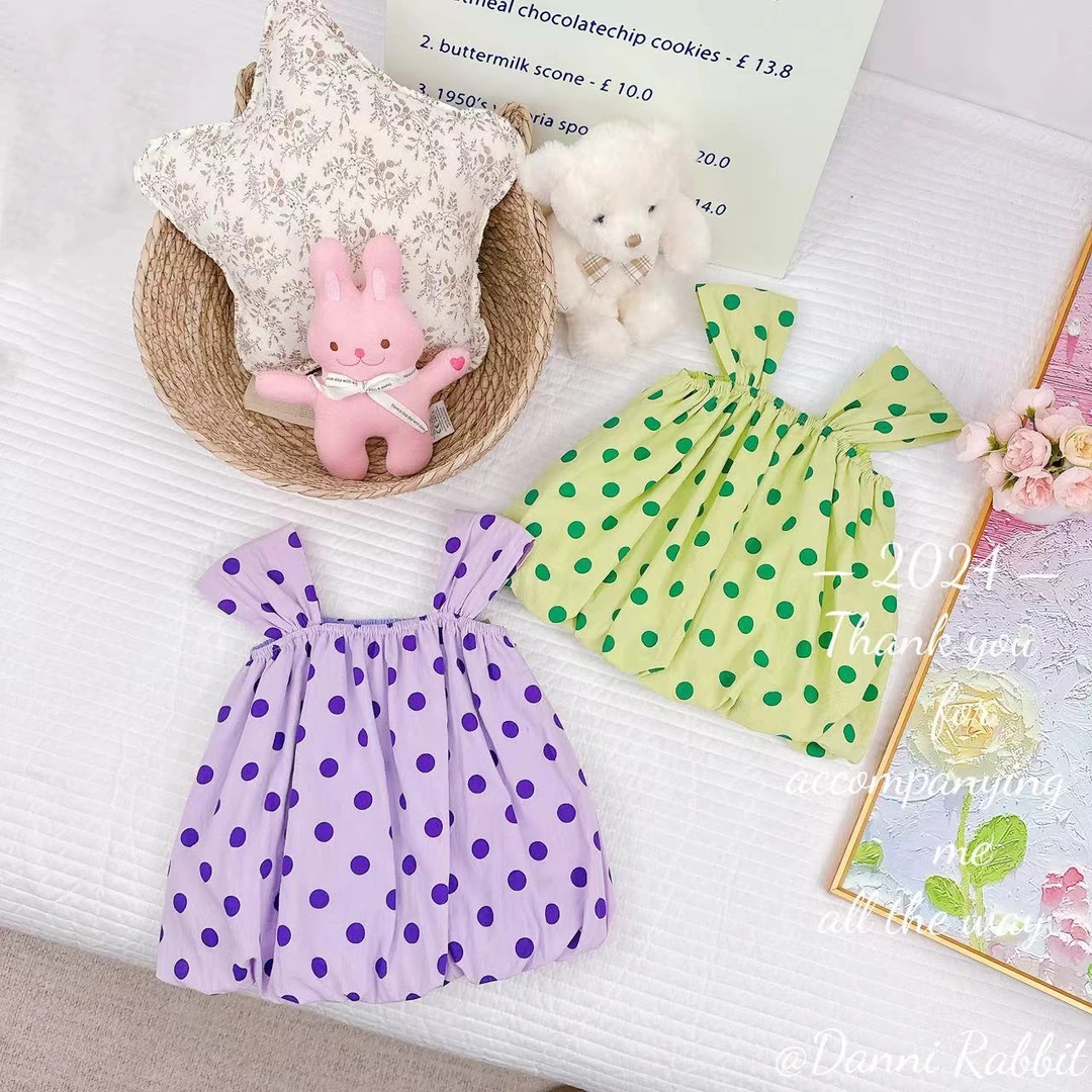 夏款新款女童时尚波点宽肩吊带花苞上衣.D-XA575