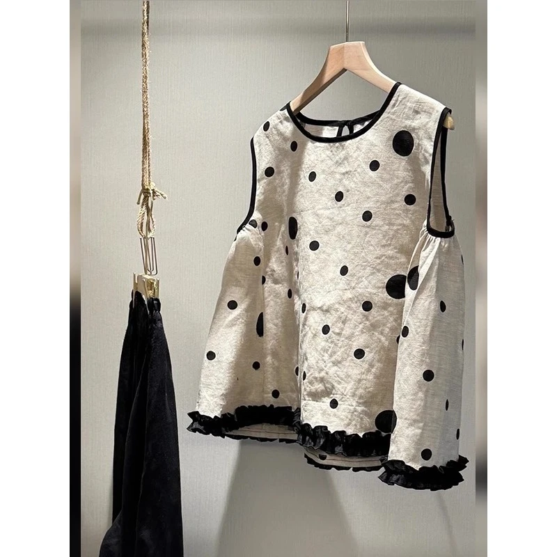欧货时髦夏季宽松波点亚麻木耳边上衣修身日常舒适穿搭背心女2025