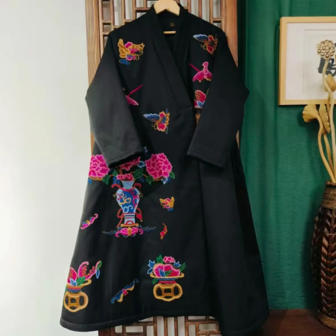 棉（LS441-14）凤徕兮私人定制黑底打籽绣花瓶斜襟系带棉服 棉