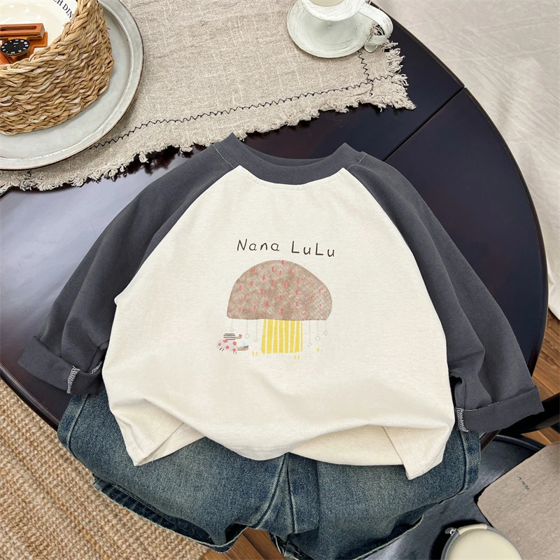 男童春装2025新款t恤长袖宝宝拼色圆领卡通印花打底衫休闲上衣潮