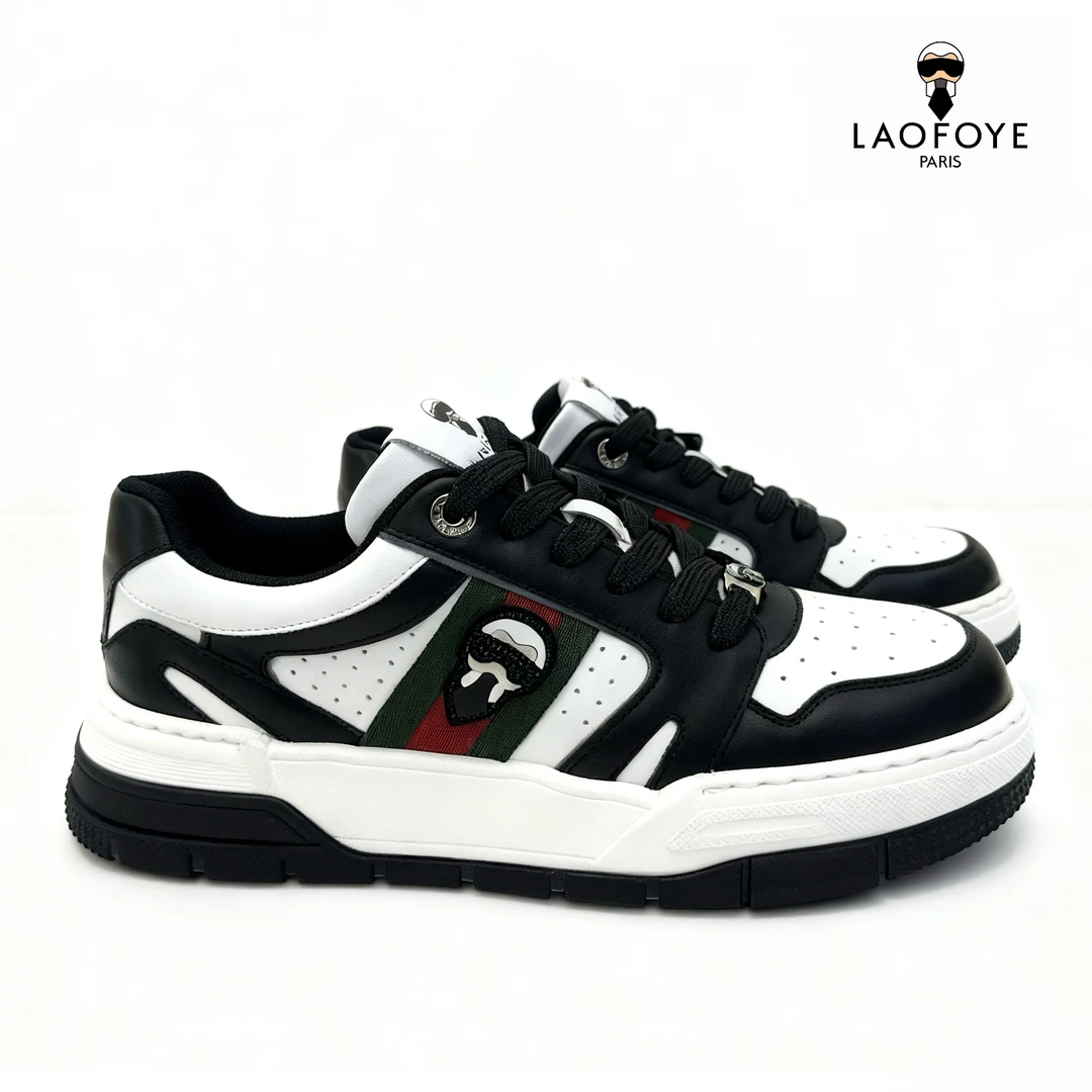 LAOFOYE老佛爷男士板鞋轻质头层牛皮黑白撞色休闲板鞋