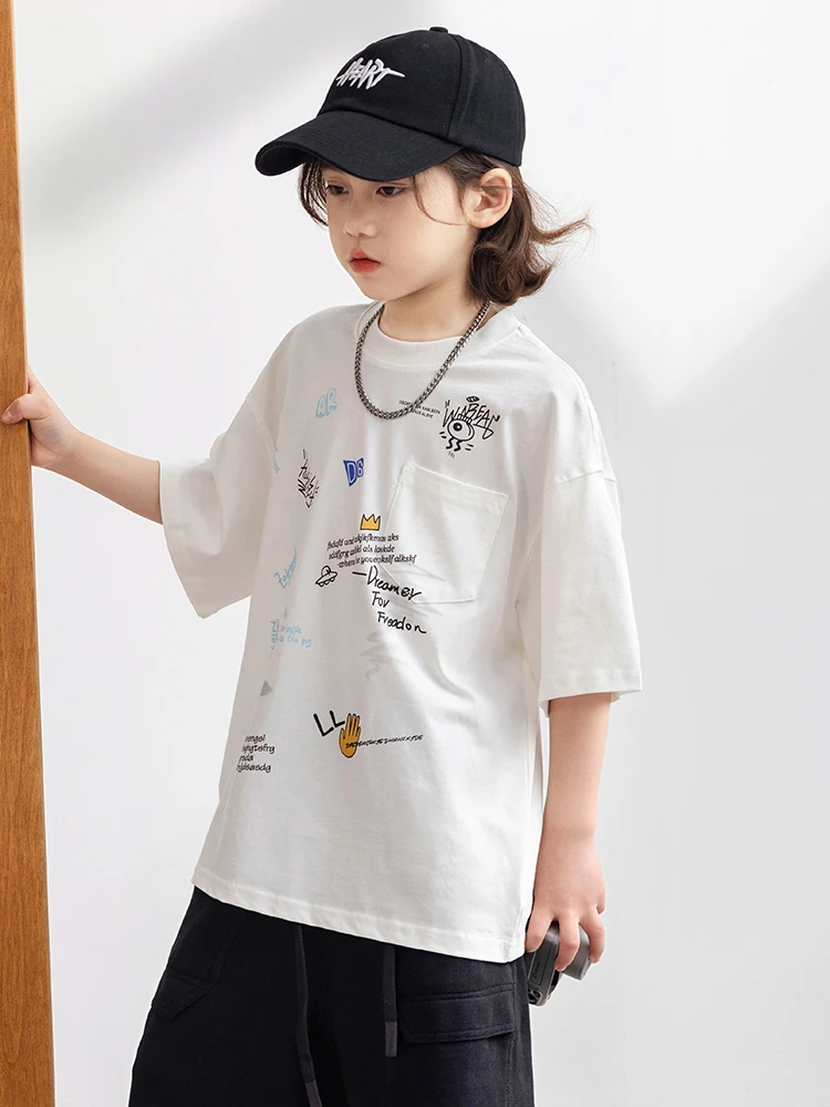 夏季宽松短袖中大童圆领印花痞帅男童渐变T恤男套装