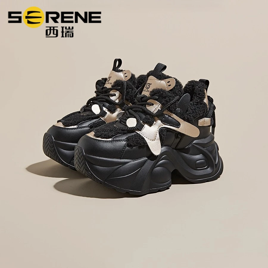 西瑞厚底时髦老爹鞋女冬季加绒老爹鞋女款爆款2025新款黑色运动鞋