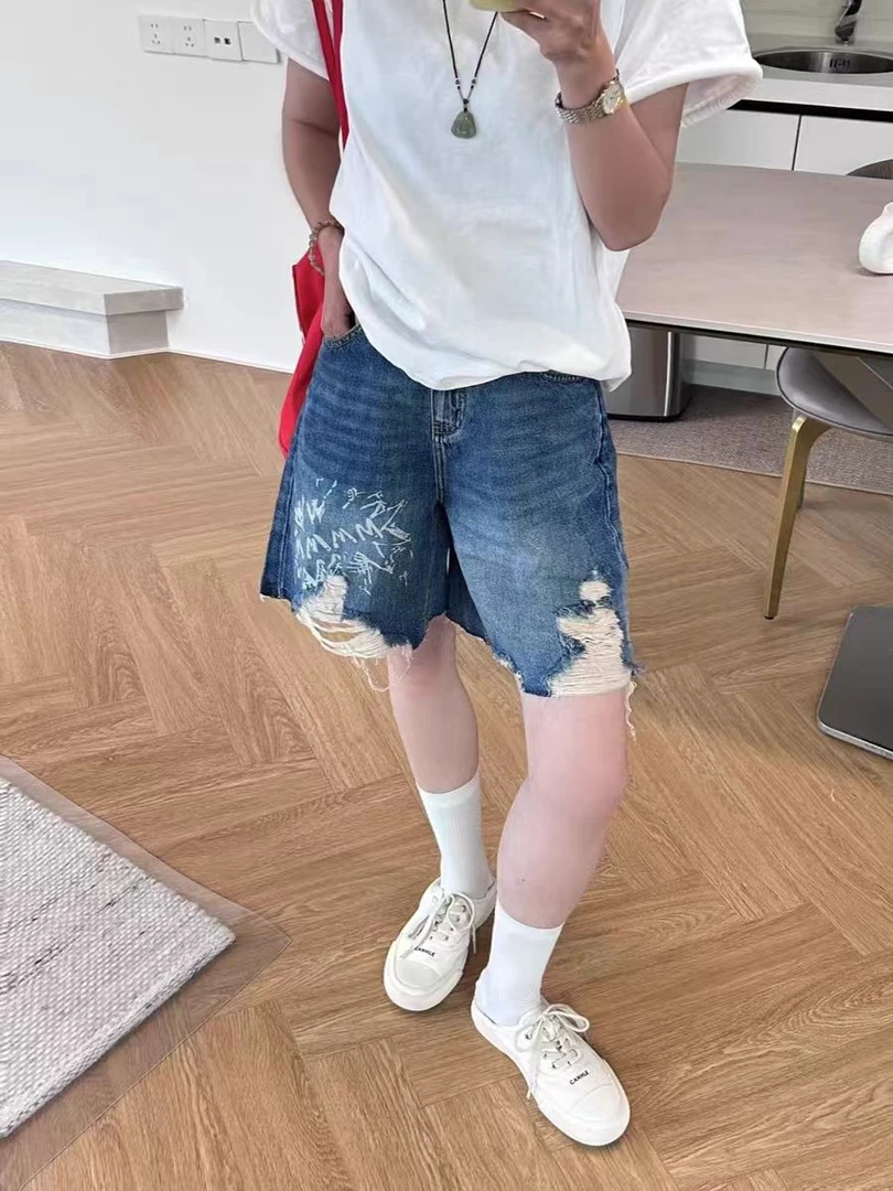 2025新款时尚显瘦气质百搭韩版休闲时尚破洞毛边牛仔四分裤