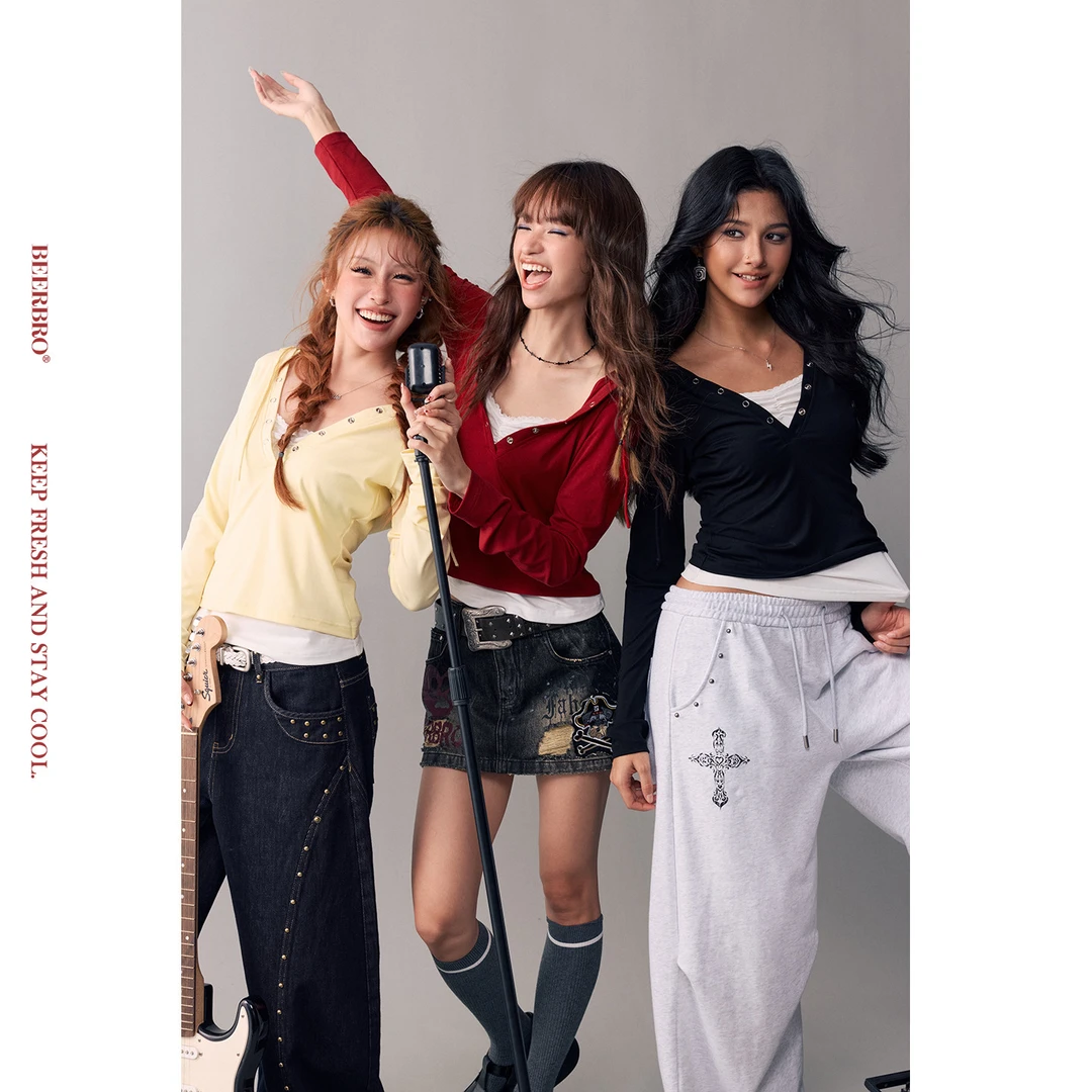 『复古声浪』亲肤莱赛尔假两件撞色连帽辣妹针织衫BZ26CLM0317