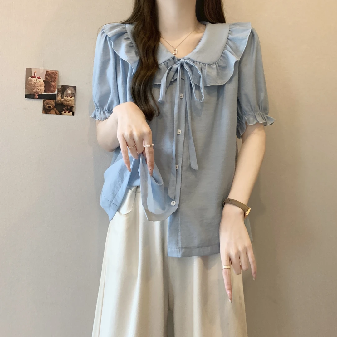 温柔风大码衬衫2024夏季新款法式复古木耳边娃娃领遮肉短袖上衣女