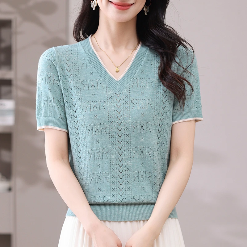 【天丝】纯色镂空V领小衫2025新款夏薄款爆款短袖女宽松显瘦针织衫