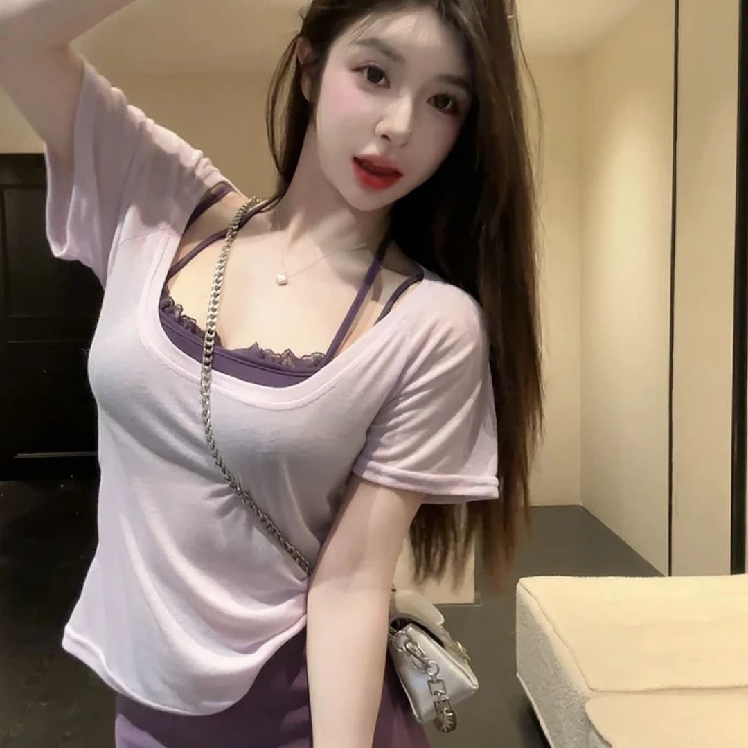 2025夏季新款短袖T恤女正肩宽松显瘦甜辣妹轻熟小众设计感上衣女