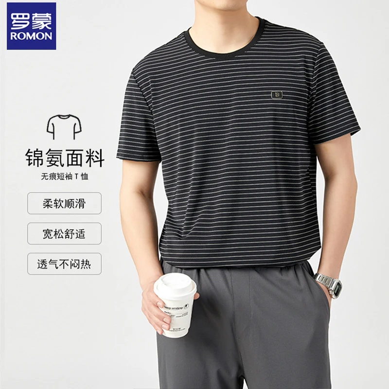 Romon/罗蒙条纹短袖t恤男士2024夏季宽松潮流体恤男半袖薄款上衣