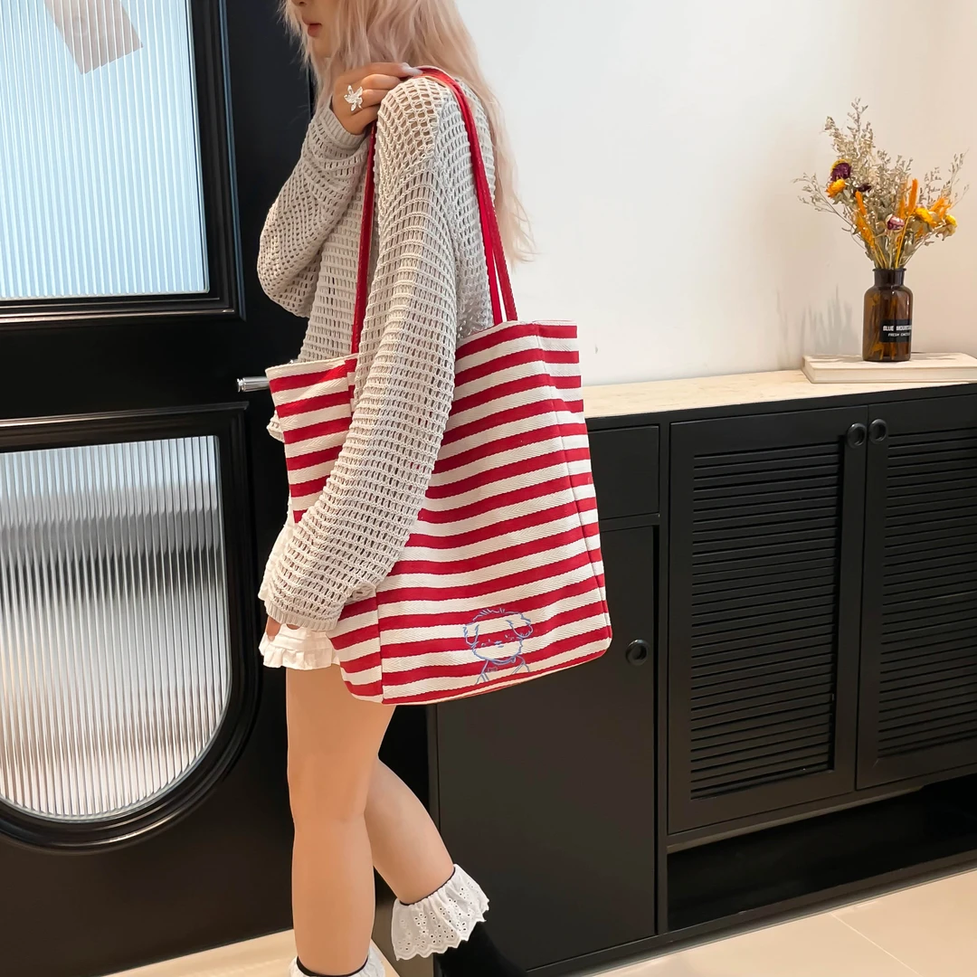 2210双面可背新款条纹帆布包韩国ins懒惰风托特包大容量单肩包