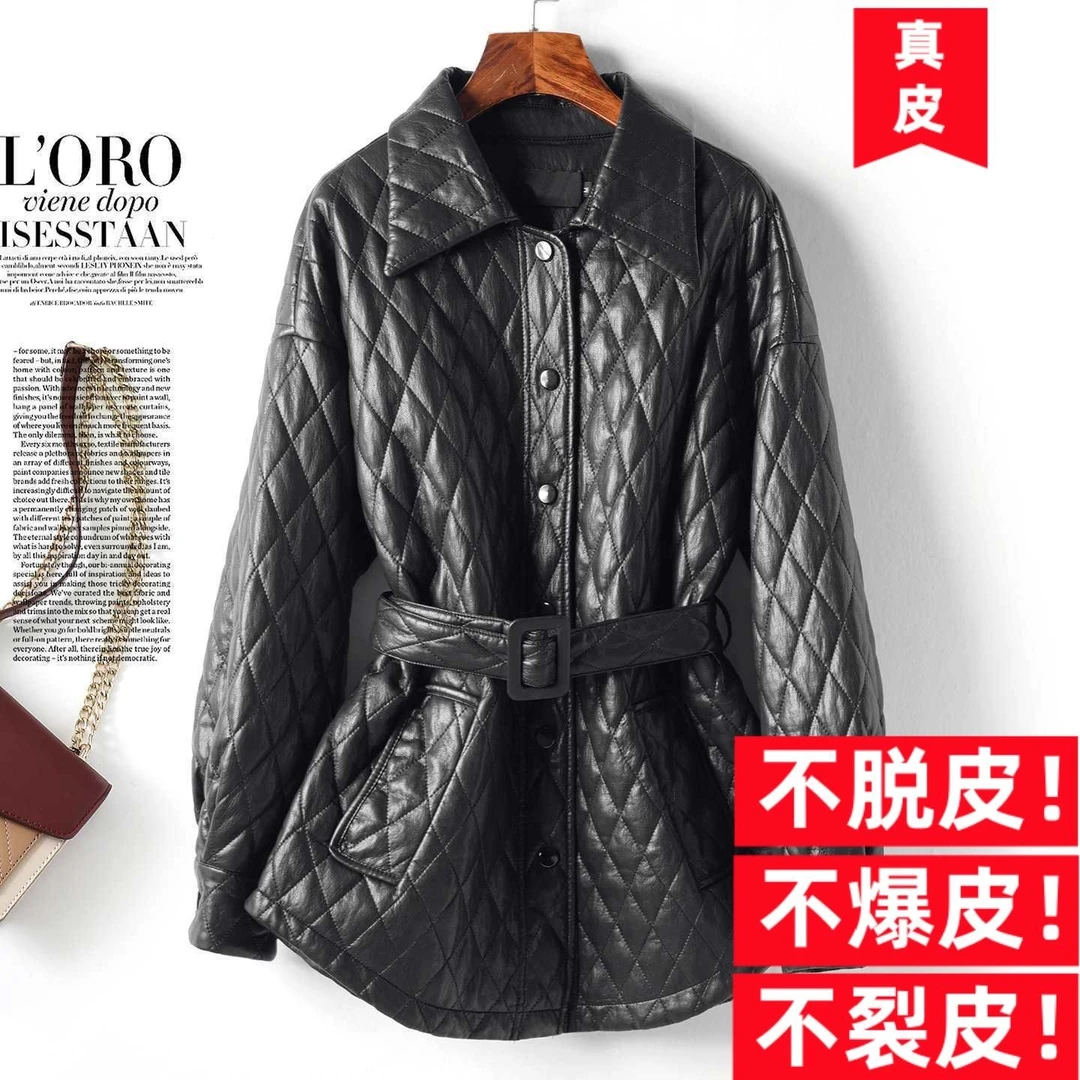 日光岛屿真皮衣女士中长款黑色显瘦气质皮夹克新款冬季绵羊皮外套