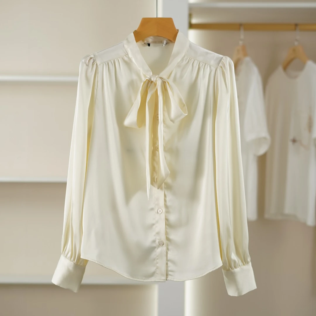 麦迪尚品【香Y】5042399 春夏气质简约时尚缎面飘带长袖优雅衬衫