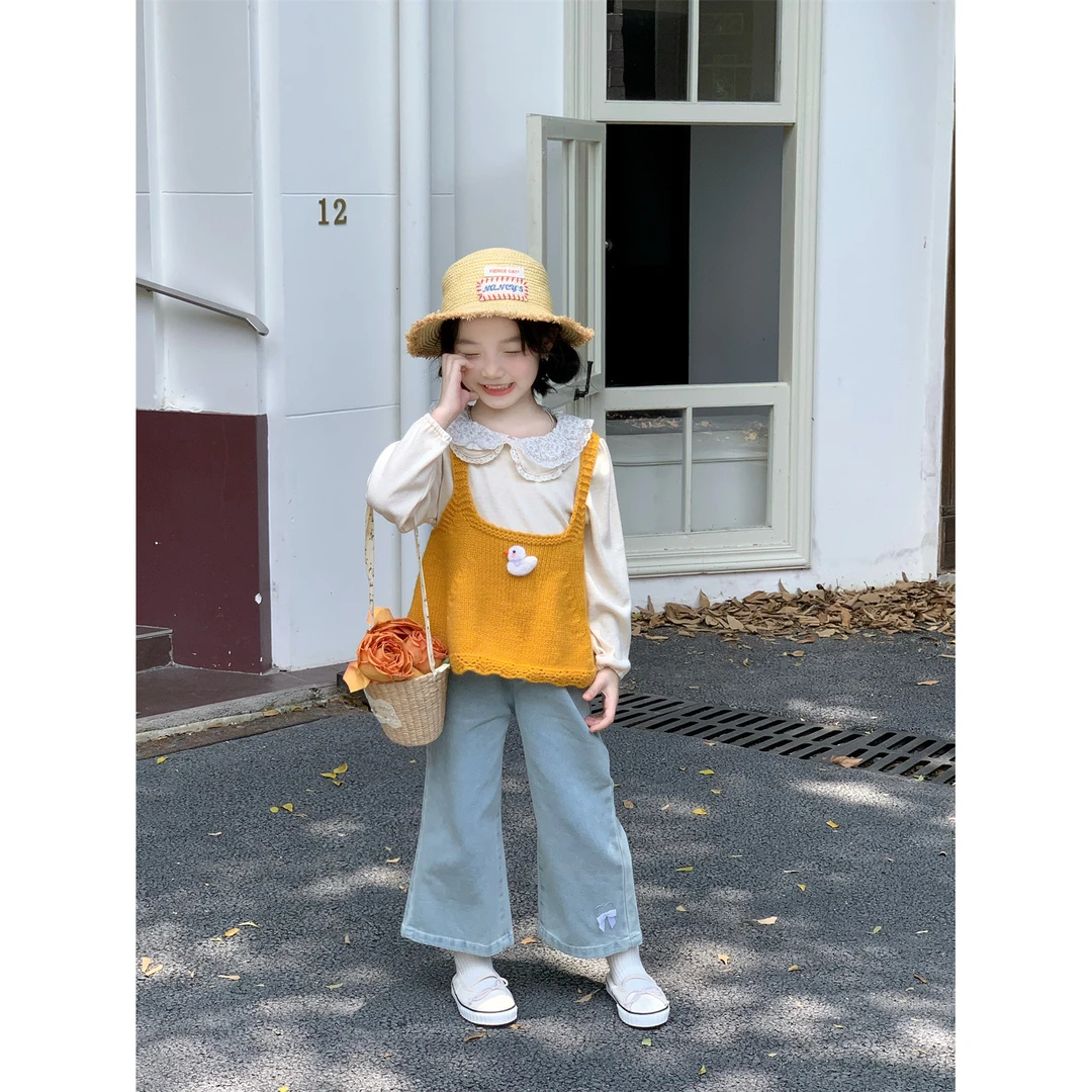 Bmy2025at 秋季新款女童吊带背心翻领碎花打底衫牛仔喇叭裤套装