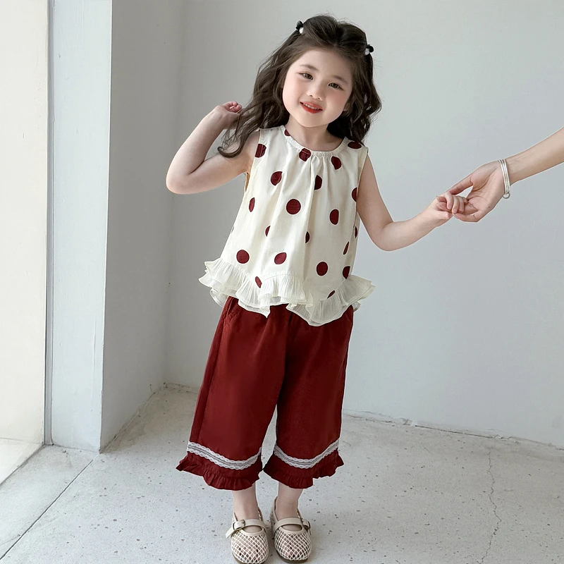 中小童时尚套装夏季2025新款儿童洋气女宝宝韩版花边圆点两件套潮