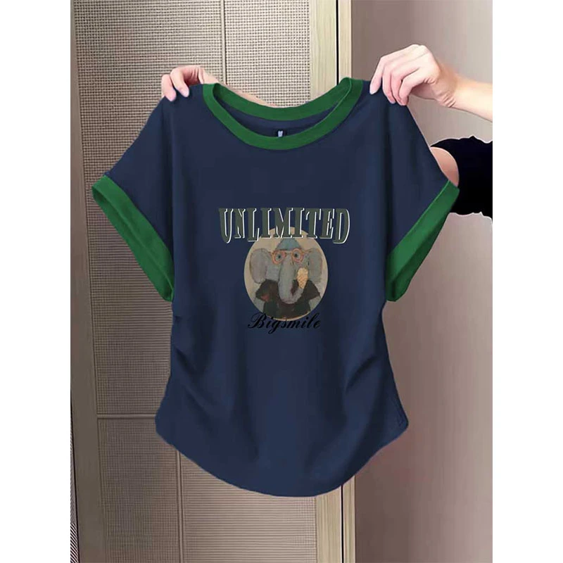 撞色小飞袖褶皱收腰正肩圆领短袖t恤女修身显瘦洋气上衣2025夏季