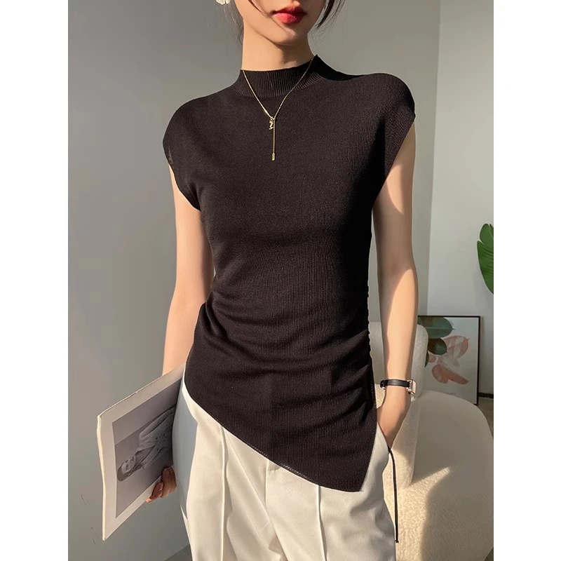 黑色半高领吊带背心女夏外穿不规则开叉无袖打底内搭上衣2025新款