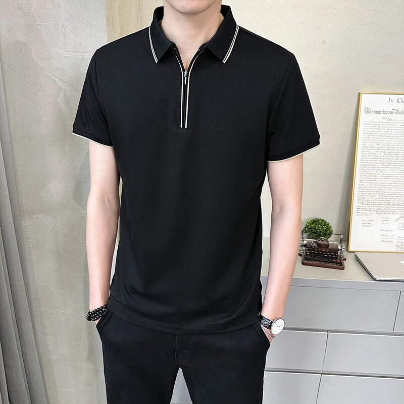 夏季常规款男拉链短袖冰麻Polo衫潮流上衣夏装翻领polo百搭修身