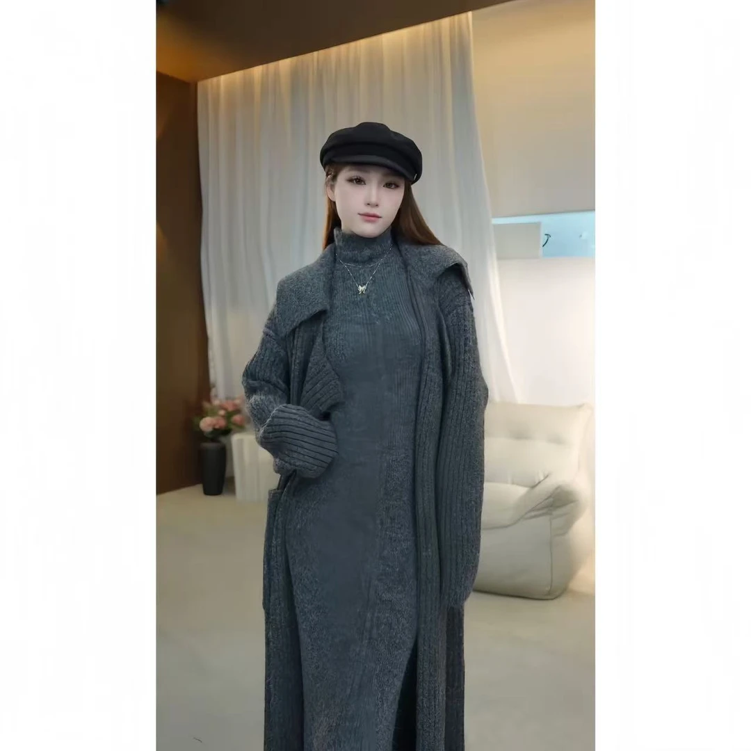 森森定制【冬日街灯】秋冬高领无袖毛衣长裙翻领长款外套两件套T282
