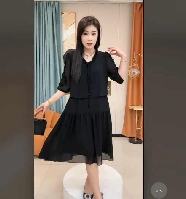 25夏季显瘦百搭飞边黑色收腰网纱假两件连衣裙