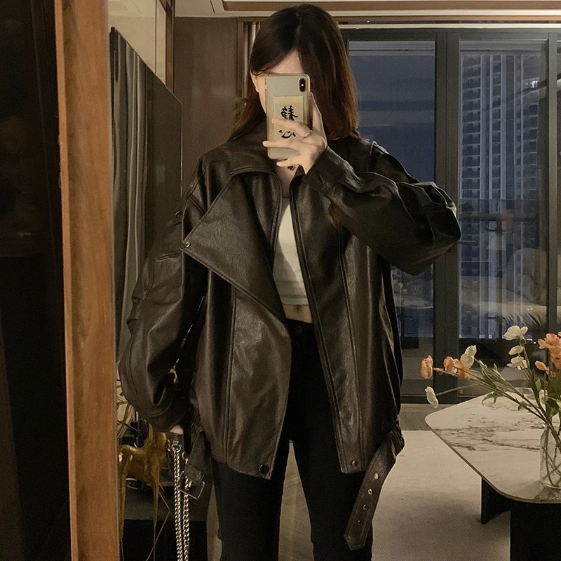 棕色皮衣宽松皮夹克外套女春秋新款美式机车服廓形高级感夹克