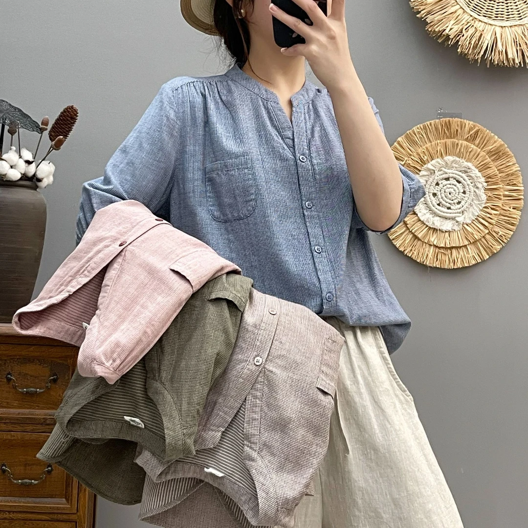 纯棉千鸟格中袖衬衫薄款显瘦宽松夏季棉纱百搭洋气简约V领五分袖