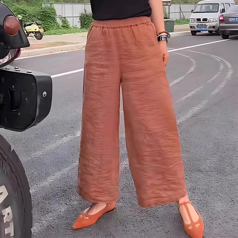南瓜色九分休闲棉麻裤子2025年夏款女薄款大码宽松亚麻直筒阔腿裤